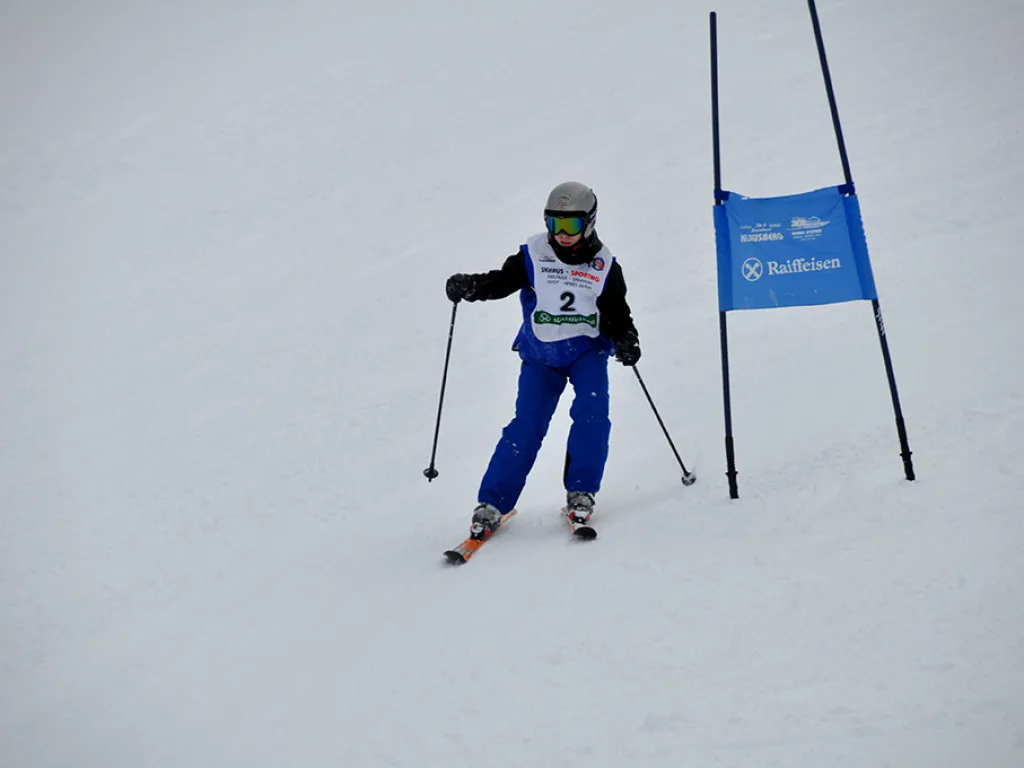 Skifahrer mit Startnummer 2 neben dem blauen Tor.
